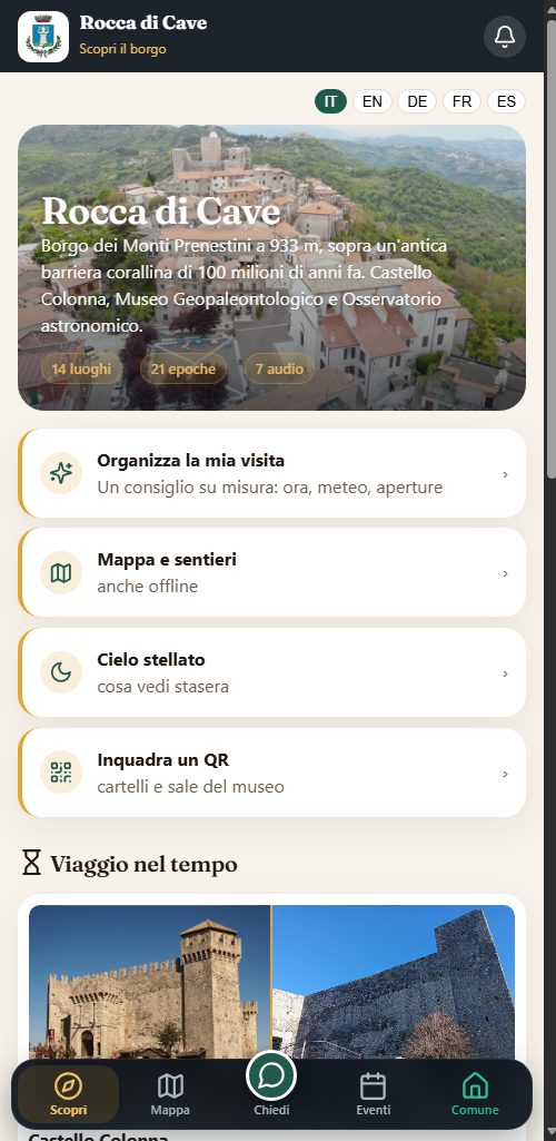 La schermata Scopri il borgo dell'app di Rocca di Cave, con la foto del borgo e Organizza la mia visita